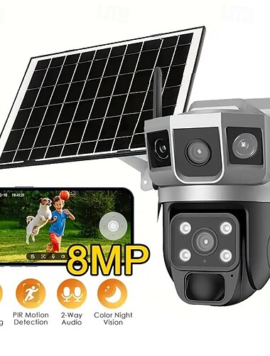  スマート AI アラート機能付き屋外用ソーラー カメラ、デュアル レンズ付き Wi-Fi カメラ、360 度ビューのホーム セキュリティ システム、人間検知、自動追跡、カラー ナイト ビジョン、PIR センサー付き。