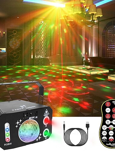  Lumière de fête 3 en 1 USB activée par le son, boule disco, lumières RGBW, 4 lentilles, stroboscope DJ, éclairage de scène avec télécommande pour fêtes, danse intérieure, karaoké, KTV, spectacle, club