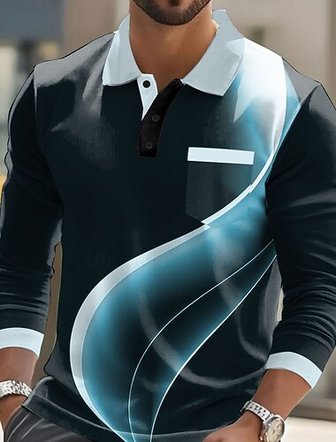 Herr Geometrisk Linje Polo Långärmad Polotröjor Kavajslag Ledigt Business Casual Fritids- Dagliga kläder Ficka 3D-utskrift Knappar Vår Höst Sjöblå Vit Rubinrött