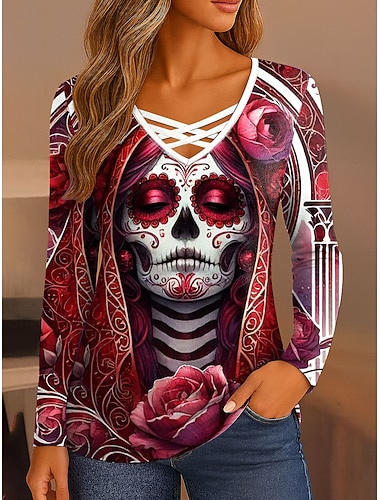  Γυναικείο T-shirt με Κεφάλια Γραφικό Vintage Στυλάτο Κλασικό Μακρύ Μανίκι V Λαιμό Κανονικά Τοπ Καθημερινά Έκθεση Εκτύπωση Κόκκινο Μπλε Μωβ Πράσινο Γκρί Άνοιξη Φθινόπωρο