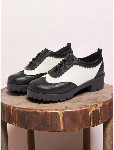  Γυναικεία vintage ασπρόμαυρα παπούτσια Oxford brogue της δεκαετίας του 1950 με σχέδιο με κορδόνια και χαμηλό τακούνι - ρετρό υποδήματα Oktoberfest για casual ρούχα, δουλειά και cosplay outfits