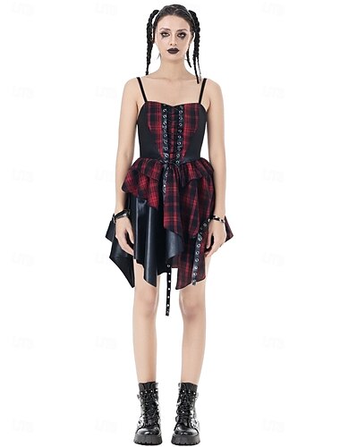  Punk & Gothic Mini Asymmetrisch Jurken Mouwloos Gothic meisje Spaghettibandje Korset Ruitjes Wijd uitlopend Kostuum Uniseks Halloween Carnaval Feest Casual Avondje uit & Speciale gelegenheid