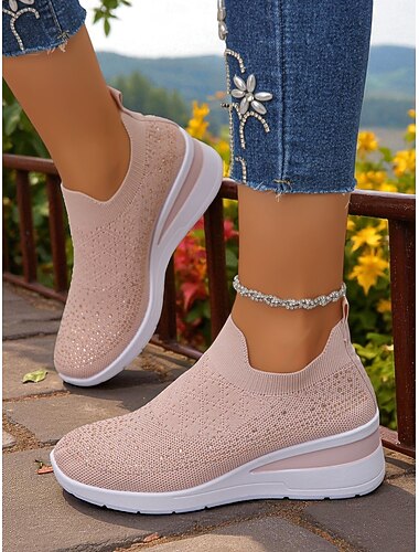  レディース ピンク ラインストーン フライニット スリッポン スニーカー - ウォーキング、フィットネス、カジュアルな普段使いに最適な、通気性のある軽量ウェッジシューズ