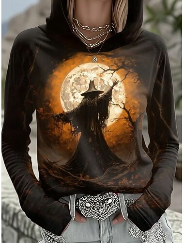  Halloween Damen Pullover Hoodie Sweatshirt Heks Grafisk Vintage Motemessig Vestlig Langermet Hette Vanlige topper Gate Daglig bruk Helligdagstrykk Svart Vin Brun Khaki Høst Vinter