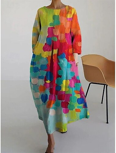  Női Maxiruha A vonalú ruha Fit and Flare ruha Buli Alkalmi Boho Parti Esküvői vendég Napi Laza öltözet Virágos Grafika Hosszú ujj Terített nyak Arcpír rózsaszín Rubin Lóhere Tavasz Ősz Tél