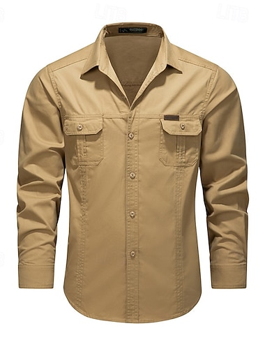  Per uomo camicia cargo Camicia da escursionismo Manica Lunga Collo ripiegato Top Esterno Traspirante Cotone Nero Verde militare Cachi Caccia Allenamento Viaggio