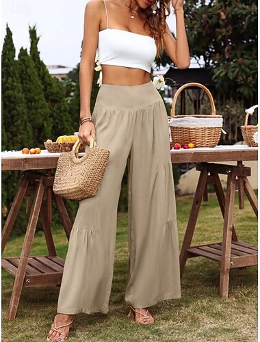  Per donna Pantaloni in cotone e lino Gamba larga Chinos Essenziale Casual Lunghezza intera Vita Alta Semplice Fascia Elastica Comodo Morbido Confortevole Elasticizzato All'aperto Streetwear Nero