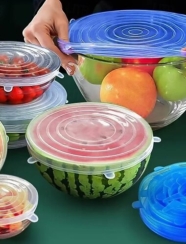  12 stuks siliconen deksels met rekbare deksels, herbruikbare luchtdichte voedselfolie, siliconen deksels voor het vers houden van kommen, bekers, bakjes en voedselbewaring.