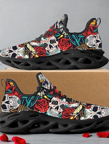  Zapatillas con cordones y estampado de calavera rosa para hombre: zapatos góticos informales de Halloween con suela cómoda para fiestas, cosplay y atuendos cotidianos.