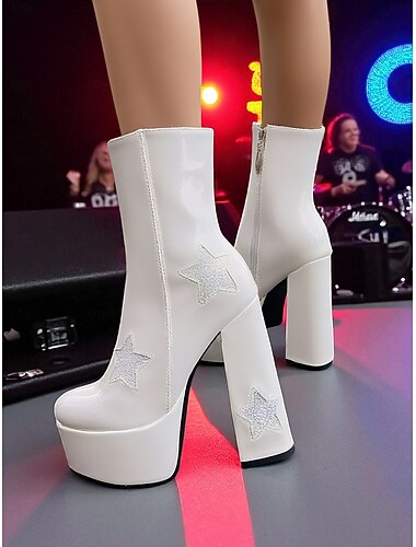  Botas de discoteca con plataforma de piel sintética de charol negro para mujer con adornos de estrellas brillantes: tacones gruesos inspirados en los años 80 para discotecas, espectáculos y moda Y2K.