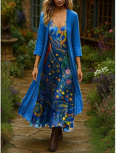  Per donna Insieme del vestito Vestito maxi Abito a trapezio Vacanza Boho Floreale Grafico Stratificato Stampato Abito maxi Manica 3/4 Scollo a V All'aperto Quotidiano Blu marino Blu Arancione Estate