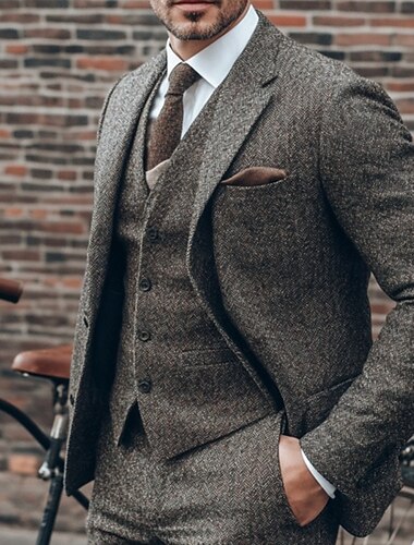  De los hombres Casual Boda de otoño Trajes Solapa de Pico Gris Espiga A Medida Juego de 3 piezas
