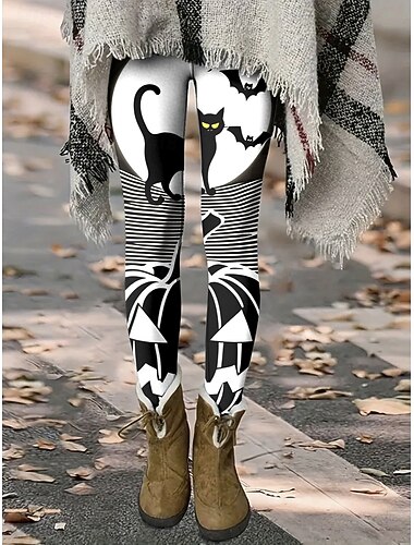  בגדי ריקוד נשים חותלות חופשה וינטאג' אופנתי באורך מלא מותניים גבוהים גראפי חיה חתול מדפיס שמור על חום הגוף רך נושם סטרצ'י (נמתח) יומי בָּחוּץ חופשה שחור כתום תלתן קשת אביב סתיו גזרה צרה