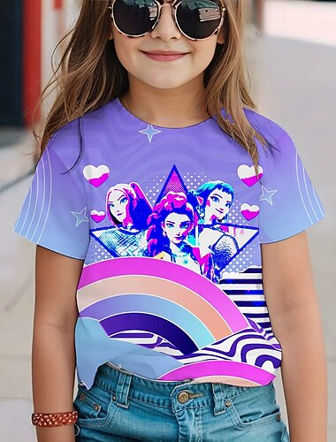  חולצת טי קצרה בסגנון אנימה אופנתי של K-pop, חמודה לבנות, נושמת ונוחה, מודפסת, אופנתית, לבוש קז'ואל, סגנון שובב, עיצוב חמוד, גרפיקה מהנה, תפירה איכותית