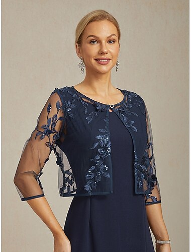  dámské sako s krajkou, vyšívané flitry, iluzivní krajka, elegantní, květinové, formální, výročí, párty, svatba, host, otevřený přední díl, krátký, kulatý výstřih, regular střih, 3/4 rukávy, svrchní