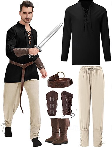  Retrò Vintage Medievale 17° secolo Blusa / Camicia A stivale Cintura in Vita Pirata Vichingo Elfico Costume Per uomo Costumi da pirata Halloween Mascherata Fiera Rinascimentale Adulti Camicia