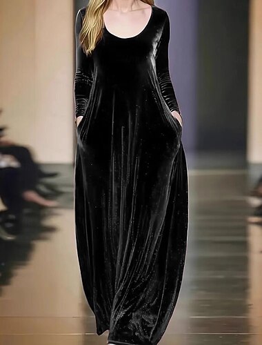  Robe maxi en velours pour femmes Robe noire Robe cocktail Robe formelle Robe shift Robe de fête Anniversaire Casual Fête Invité de mariage Anniversaire Unie À manches longues Col rond Noir Rouge Bleu