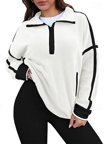  نسائي كنزة صوفية Pullover سويت شيرت بسحاب ألوان متناوبة أناقة الشارع كاجوال كم طويل رقبة عالية قمصان عادية شارع مناسب للعطلات سحاب أسود أبيض أزرق البيج كوفي الخريف الشتاء