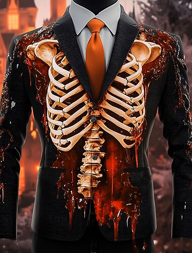  Halloween Herre Skjelett Blazer jakke Fritid Mørk Festival 3D-utskrift Vår Høst Vinter Med hakk Langermet Rød Oransje Grønn
