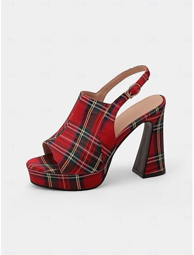  Røde damesandaler med tartan og plateauhæl - høje, kraftige hæle med peep toe-snøre til natteliv og julefester