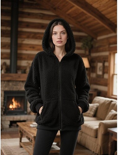  Γυναικεία Μπουφάν fleece Μπουφάν με κουκούλα Διατηρείτε Ζεστό Άνετο Φερμουάρ Τσέπη Κομψό Μοντέρνα Υπαίθριο Συμπαγές Χρώμα Εξόδου Καθημερινά Σαββατοκύριακο Φερμουάρ Κανονικό Με Κουκούλα Κανονικό