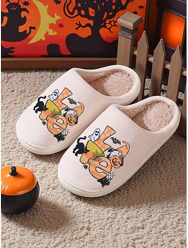  Halloween-pantoffels voor dames – comfortabele, met fleece gevoerde huisschoenen met schattige heksen- en spookprint, zachte, antislip, warme instappers voor herfstkleding en vakantiecadeaus