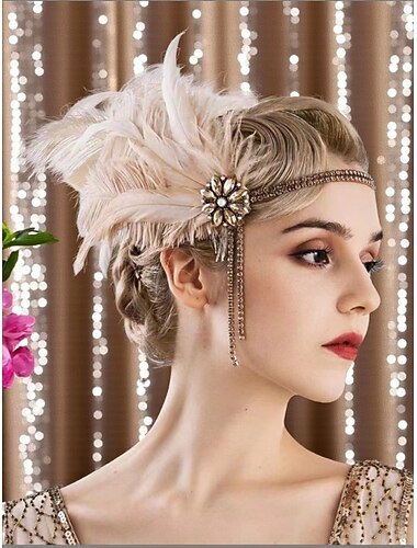  Damhårband med fjädermotiv från 1920-talet och strassblomma - vintage Gatsby-håraccessoar för feststil
