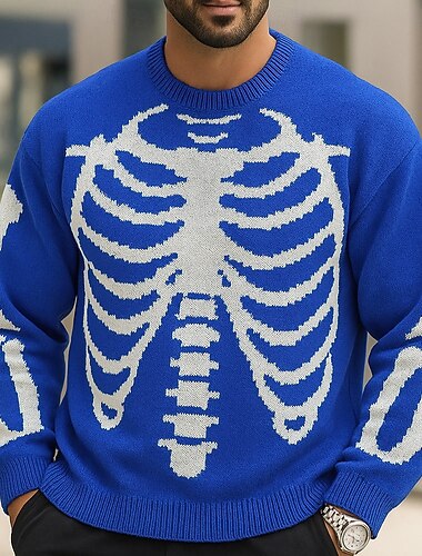  Halloween Herre Knokle Skjelett Pullover genser Strikketøy Crewneck Fritid Feriereise Hjem Gate 3D-utskrift Strikking Hold Varm Langermet Vår Høst Vinter Svart Blå