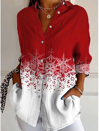  Weihnachten Damen Hemd Grafik Schneeflocke Elegant Bohemien Vintage Langarm Hemdkragen Normale Oberteile Arbeit Täglich Knöpfe Druck Gelb Rote Blau Purpur Grün Sommer Frühling Herbst Winter