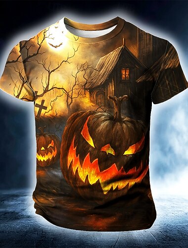  Halloween Homme Potiron 3D T-shirt Manche Courte T-shirt Impression 3D Col ras du cou Chemise Exagéré Designer Horreur Soirée Rue Fête Noir Été Printemps Toutes saisons Vêtement Tenue S M L XL XXL