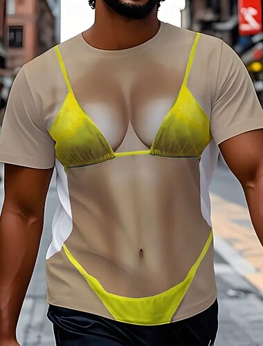  男性用 3D印刷 3D Tシャツ 半袖 Tシャツ 3Dプリント クルーネック シャツ 誇張された デザイナー パーティー 日常 祝日 イエロー 夏 春 オールシーズン 衣類 S M L XL XXL XXXL