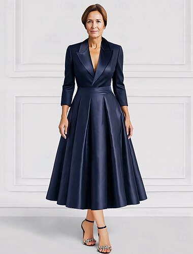  Blåsvart A-linjeformad klänning till brudens mor elegant vintage skjortkrage tealång satin långärmad med rynkning enfärgad 2025