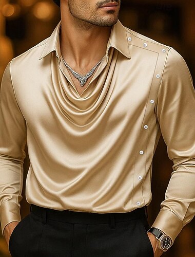  Per uomo Camicia Come la seta Camicia in raso Camicia casual Semplice Formale Matrimonio Nero Vino Blu marino Oro Manica Lunga Scollo a Cascata Primavera & Autunno Tutte le stagioni Abbigliamento