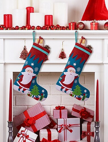  Chaussette de Noël créative rouge et bleu motif Père Noël en tissu non tissé, sac cadeau pour cadeaux de Noël, cheminée, fête festive, accessoire de décoration saisonnière