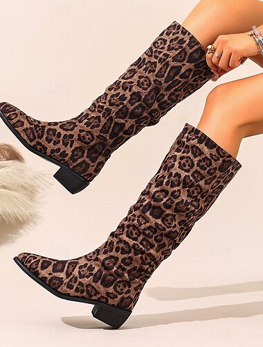  Knehøye støvletter til dame med leopardmønster – spisse tåstøvletter med lav hæl for høst- og vinterantrekk, til hverdagsbruk, streetwear og festantrekk