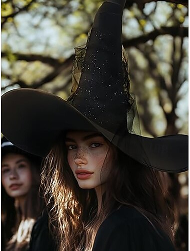  Γυναικείο καπέλο μάγισσας για το Halloween – μαύρο σατέν με έναστρη λάμψη και διάφανο πέπλο από τούλι – ιδανικό για στολές και πάρτι Halloween