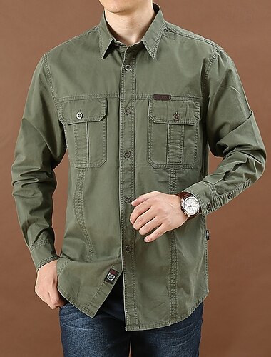  Per uomo camicia cargo Camicia da escursionismo Camicia militare tattica Manica Lunga Collo ripiegato Top Esterno Traspirante Cotone Nero Verde militare Cachi Caccia Allenamento Viaggio