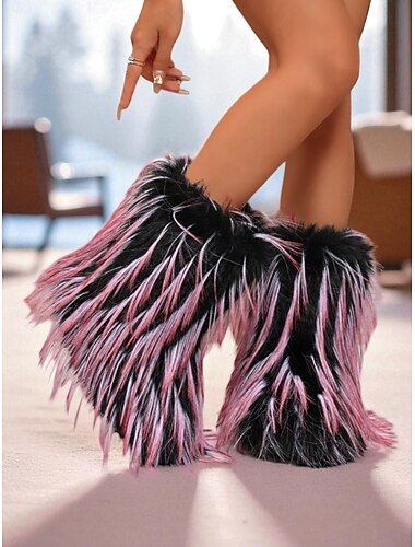  Damesmode harige platformlaarzen - roze en zwarte pluizige statement schoenen voor streetstyle, winteroutfits, rave-looks en trendy festivalkleding
