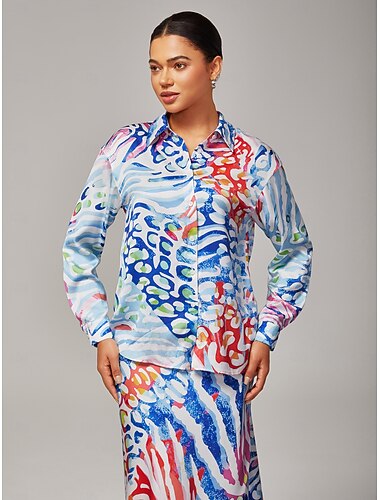 Per donna Femminile Camicia button-down Camicia casual Leopardo Casuale Multi Color Ricamato Bottoni Manica Lunga Elegante Bohemien Vacanza Colletto a Camicia Primavera Primavera & Autunno