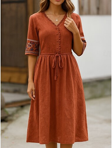  Per donna Abito Midi Abito a trapezio Casual Quotidiano Vestibilità comoda Floreale Manica 3/4 Scollo a V Bianco Blu Arancione Estate