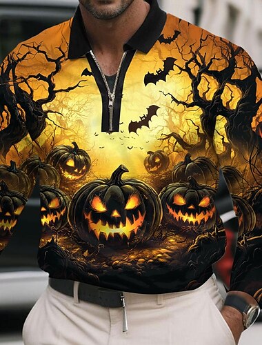 Halloween Homme Potiron Polo manche longue Polos Revers Occasionnel Rue Tenue quotidienne Tenue de fête Impression 3D Polo à fermeture éclair 1/4 Printemps Automne Hiver Noir Jaune Orange