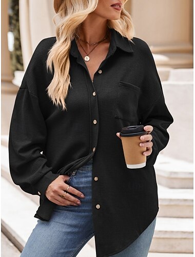  Damen Hemd Einfarbig Stilvoll Lässig Langarm Hemdkragen Normale Oberteile Täglich Tasche Knöpfe Schwarz Khaki Beige Frühling Herbst Winter
