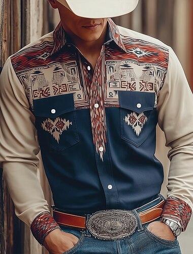  Per uomo Geometrico Azteco Etnico Camicia Camicia Western Camicia da cowboy Manica Lunga Vintage Retrò All'aperto Casuale Abbigliamento da lavoro Primavera Autunno Collo ripiegato Due tasche