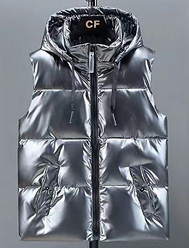  Homme Gilet matelassé Gilet Vacances Quotidien Date Mode Occasionnel Automne & Hiver Avec Poches Polyester Chaud Confortable Couleur Unie Fermeture éclair À capuche Coupe régulière Argent Noir Gilet
