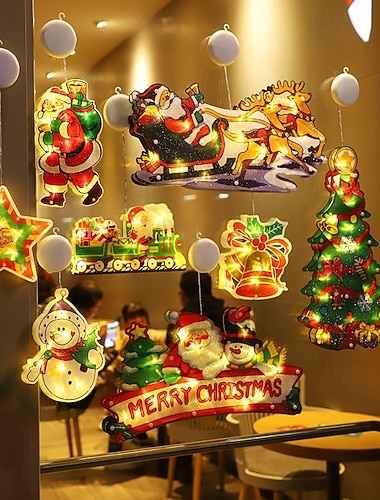  Рождественские гирлянды для украшения окон, рождественские декоративные гирлянды для интерьера, светящиеся гирлянды в виде снеговиков, Санта-Клаусов и елок для украшения дома на рождественскую