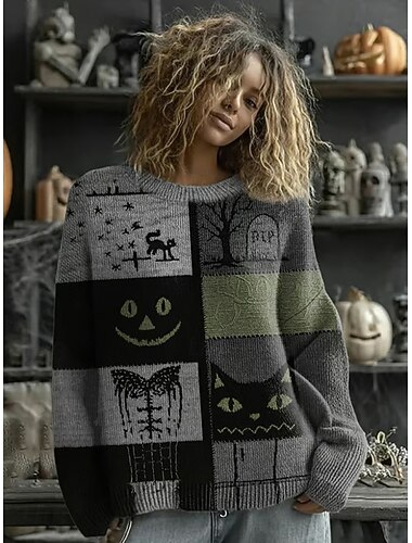  Halloween Kvinners Genser Svart Katt Trykk Søt Gatekultur Casual Grafikk Dyr Crew Hals Patches Strikket Langermet Vanlige Topper Strikket Arbeid Lilla Orange Høst Vinter
