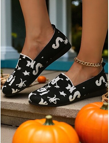  Svarta och röda stickade plattskor med rund tå för dam - Halloween-gotiska slip-on-skor för höstfester och vardagskläder