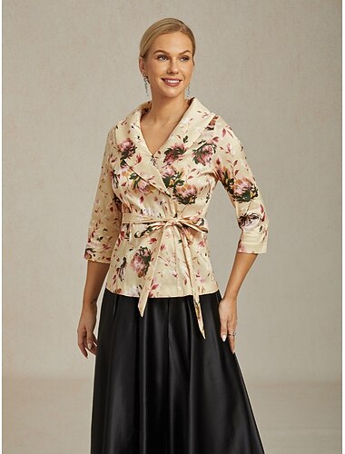  Per donna Top Eleganti Floreale Elegante Vintage Romantico Manica 3/4 Scollo a V Top Regolari Ospite di nozze Abbigliamento da sera Semi-Formale Cachi Primavera, Autunno, Inverno, Estate