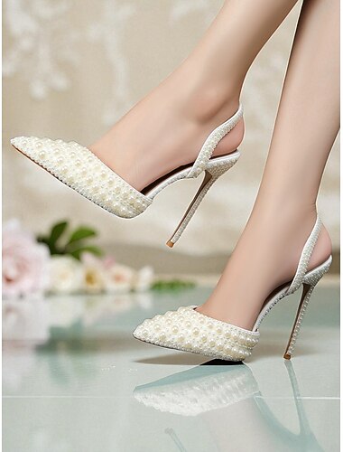  Escarpins à bride arrière en cuir blanc ornés de perles pour femmes - bout pointu, talons aiguilles, prêts pour le mariage, chaussures de mariée