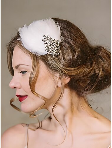  Damhårspänne med vita fjädermotiv - kristallutsmyckad vintagehuvudbonad för damer, elegant fascinator i gatsby-stil för fest, cocktail och kvällsoutfits